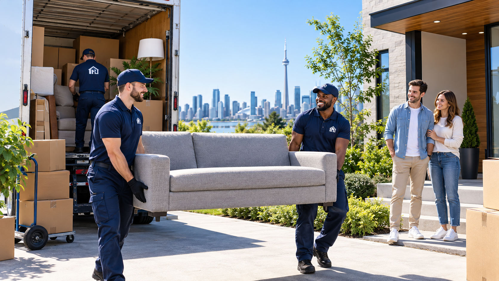 Professional movers carrying a sofa beside a moving truck